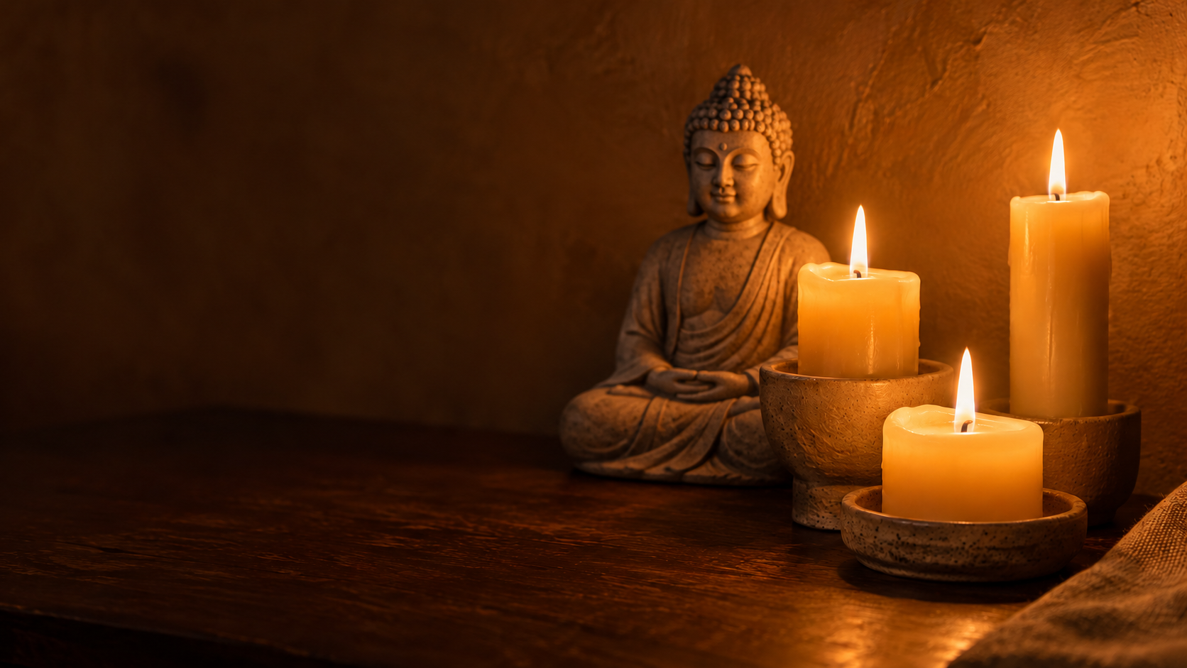 Ambiance imaginaire : une statue de Bouddha en pierre et trois bougies sur une table, dans une lumière ambrée.